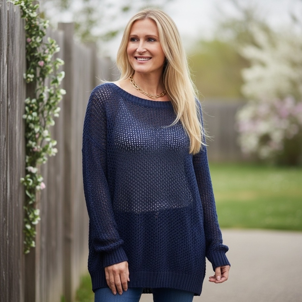 Lauren Ralph Lauren Navy Blue 100% Cotton Open Knit Sweater XL Pullover Crewneck